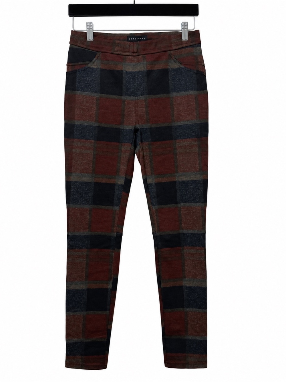 Sanctuary Plaid Skinny Pants Women’s Small Burgundy Black Stretch Fall